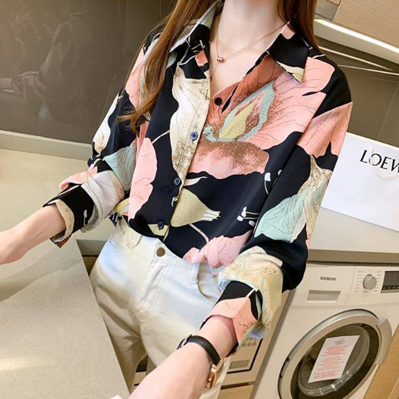 Camisa casual de gasa con estampado floral de manga larga para mujer