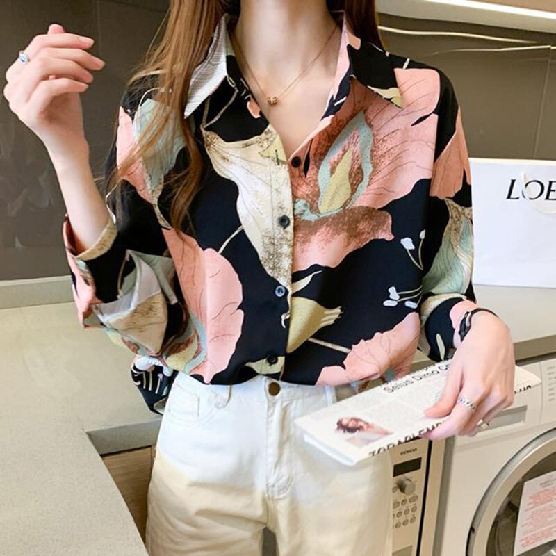 Camisa casual de gasa con estampado floral de manga larga para mujer