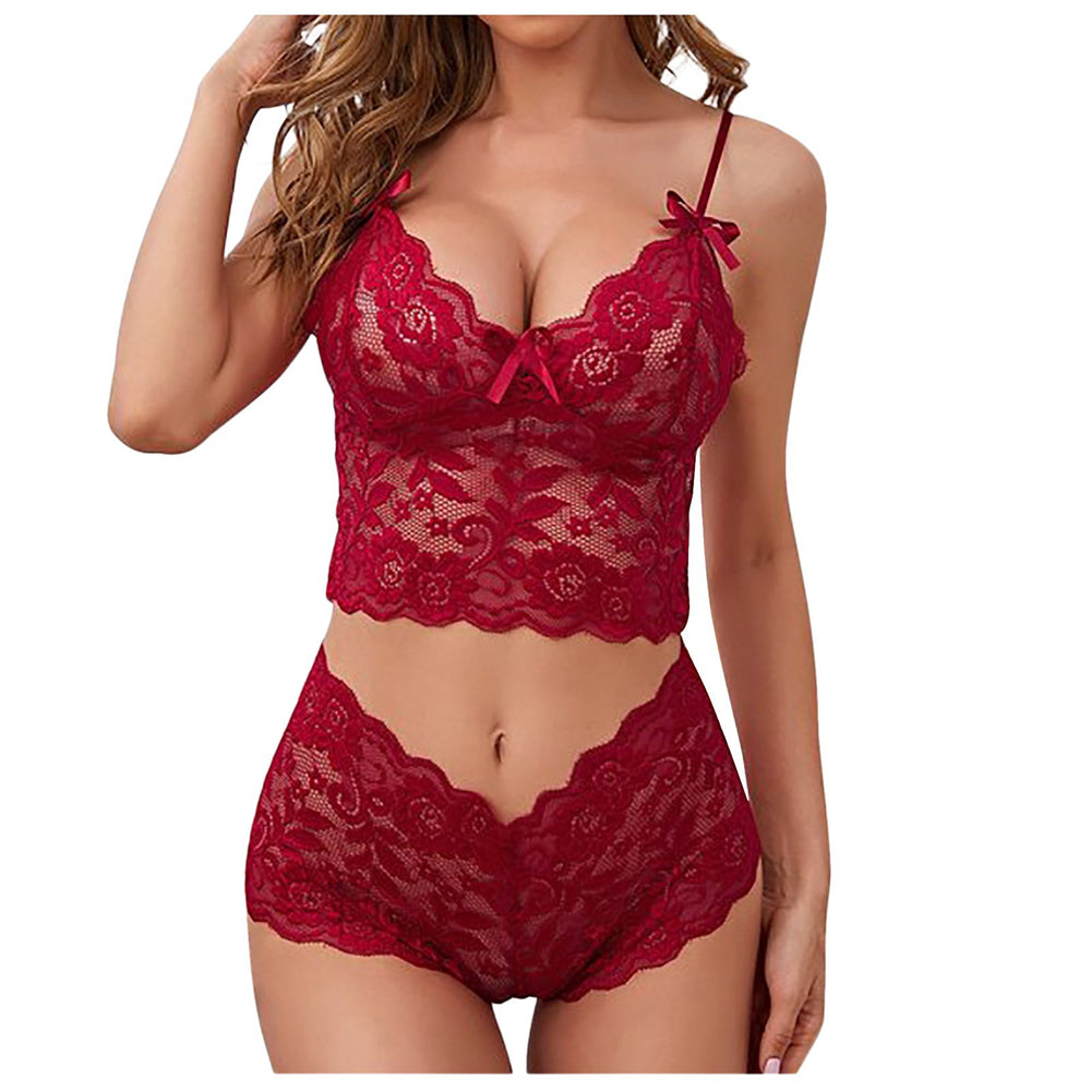 Women's  Black Lace Shorts Solid Color Lingerie Set