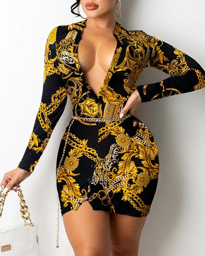 Printed V-neck Long-sleeved Midi Dress