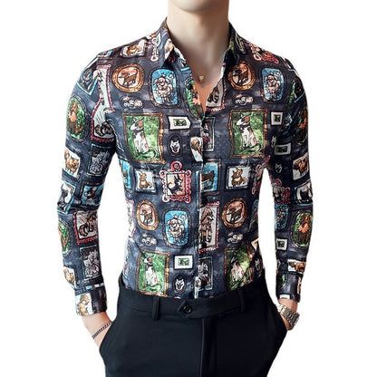 Camisa de solapa de manga larga con estampado de personalidad informal para hombre