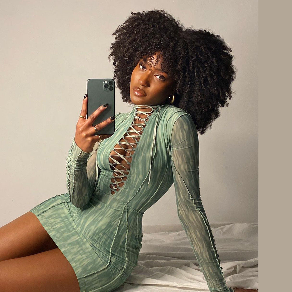 Hollow Lace-Up Mesh Long-Sleeved Dress