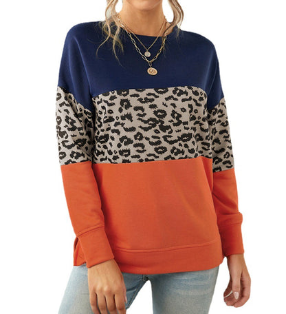 Contrasting Color Hoodless Sweater Women Round Neck Long Sleeved Top T Shirt