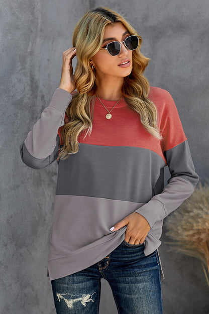 Contrasting Color Hoodless Sweater Women Round Neck Long Sleeved Top T Shirt