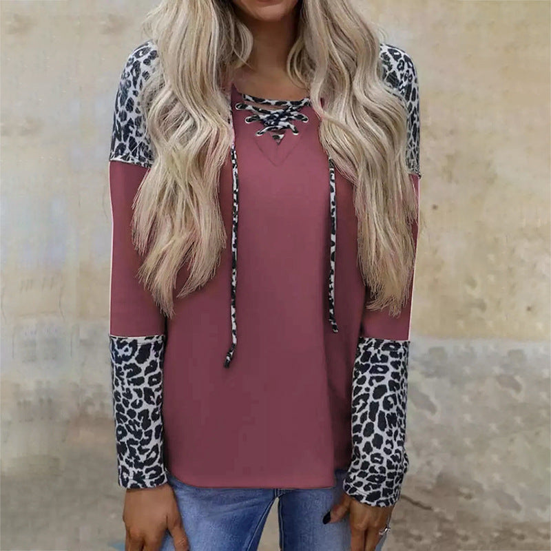 Blusa informal suelta con costuras de manga larga y estampado de leopardo para mujer