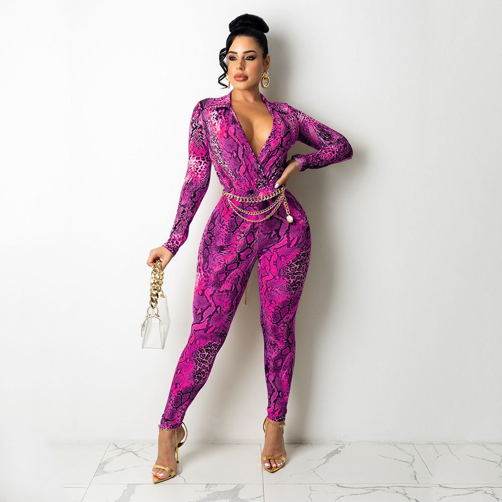 Snake Print Digital Print Long-Sleeved Skinny Jumpsuit