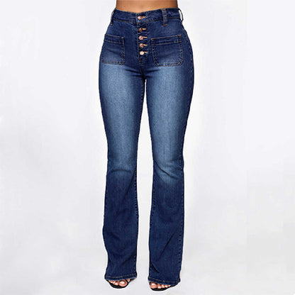 Women Patch Pocket Washed Ladies High Waist Denim Trousers