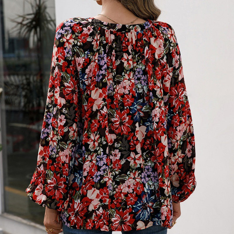 Chemise décontractée ample à col en V et à petites fleurs à manches longues