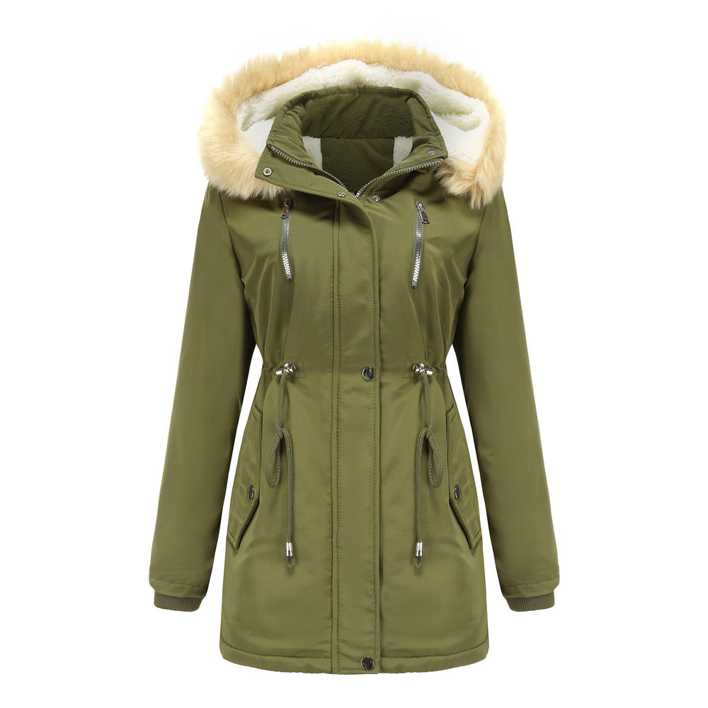 Chaqueta suelta de algodón grueso de terciopelo de cordero para mujer con capucha desmontable y chaqueta polar