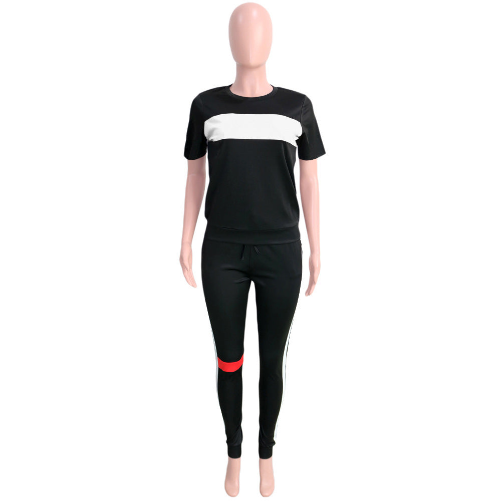 Woman Striped Stitching Long Sleeve Sport Set