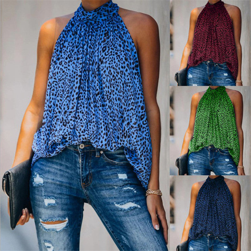 Top de chifón con estampado de leopardo y cuello halter estampado para mujer