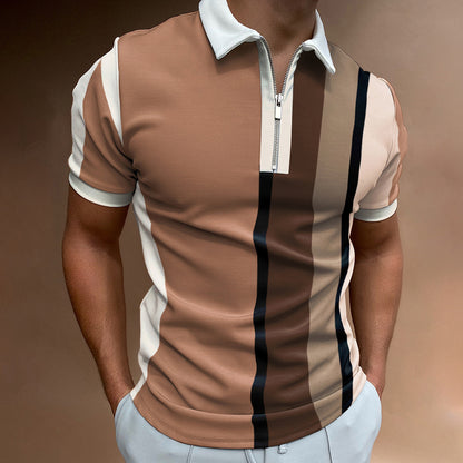 POLO Lapel Casual Short Khaki Striped T-Shirt