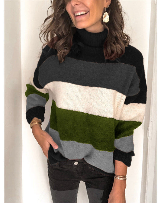 Ladies High Neck Stitching Knitted Striped Sweater