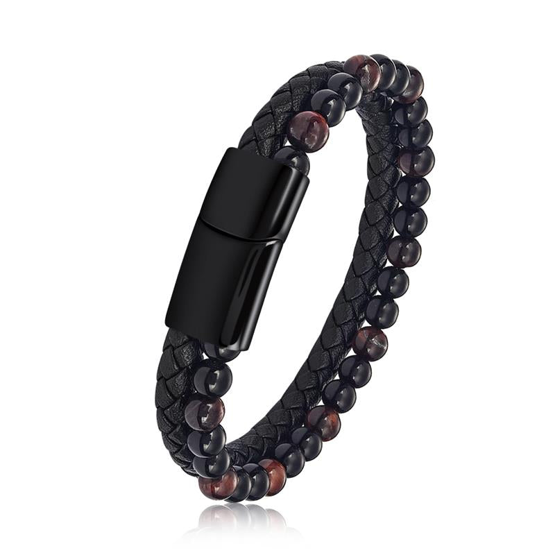 Men's Double Layer Stainless Steel Black Buckle Braided Bracelet