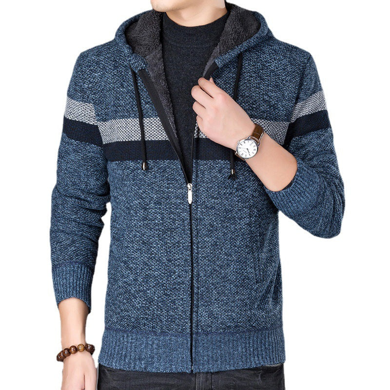 Men's Knitted Sweater Fleece Thick Hooded Casual Sweater Warm Jacket