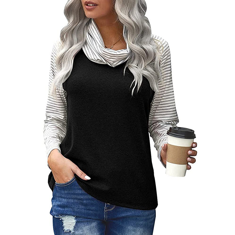 Camiseta de manga larga para mujer con cuello alto a rayas de moda superior