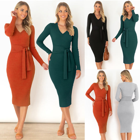 Women Long Sleeve V-Neck Slim Dress