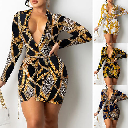 Printed V-neck Long-sleeved Midi Dress