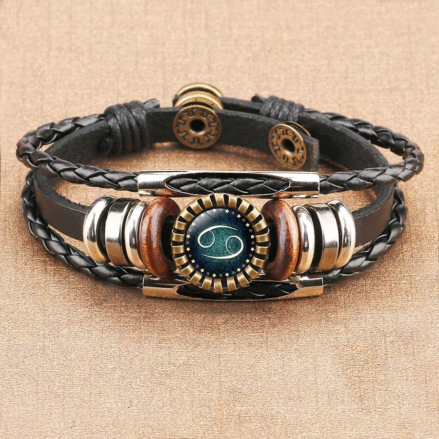 Fashion Zodiac Time Gem Leather Bracelet