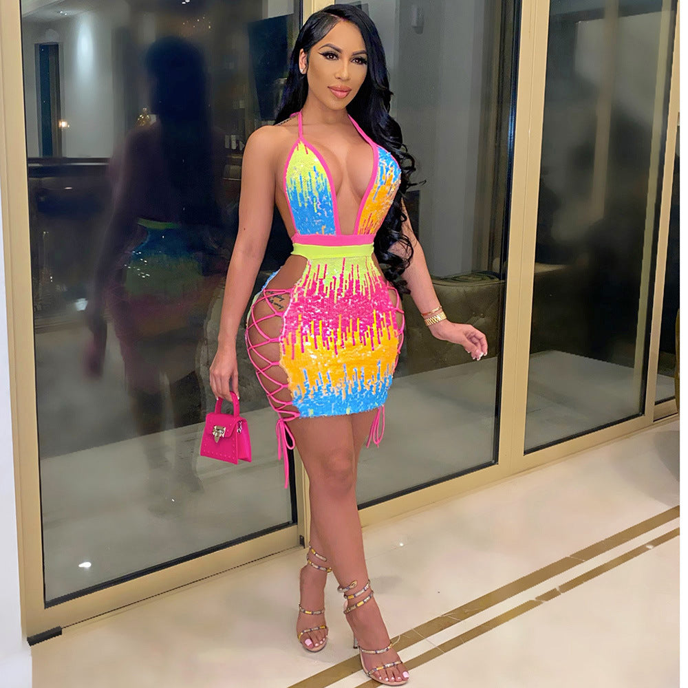 Women Halter Back Sequin Contrast Dress