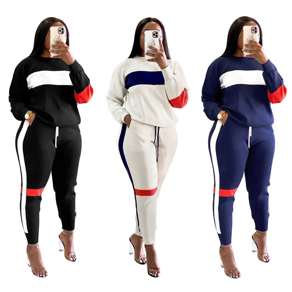 Woman Striped Stitching Long Sleeve Sport Set
