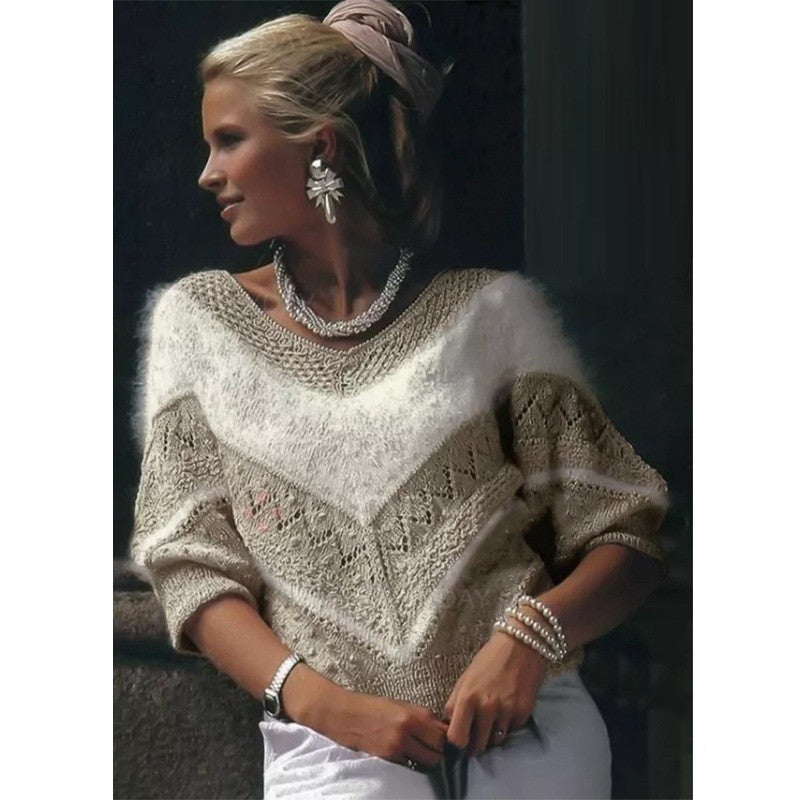 Suéter con cuello en V de costura a rayas de mujer casual de moda