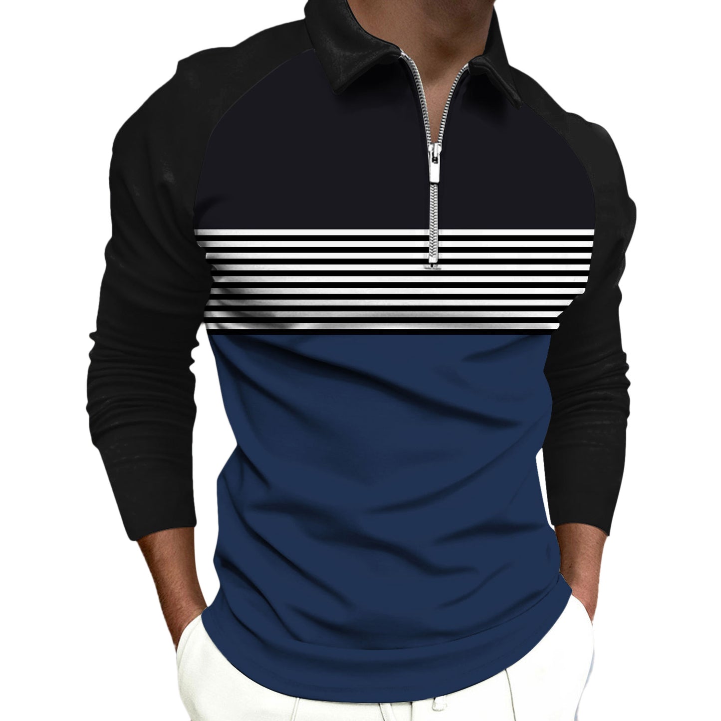 Striped Black Raglan Printed Simple Zipper Lapel Long Sleeve Polo Shirt