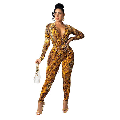 Snake Print Digital Print Long-Sleeved Skinny Jumpsuit