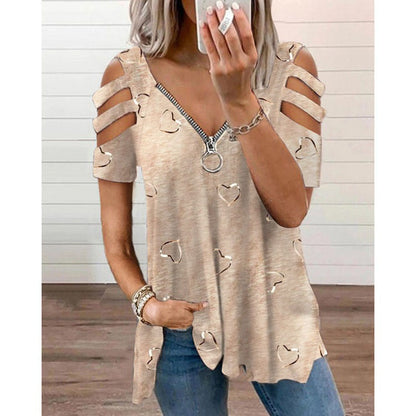 V-neck Zipper Printing Short-sleeved Loose Casual T-shirt Women's Top