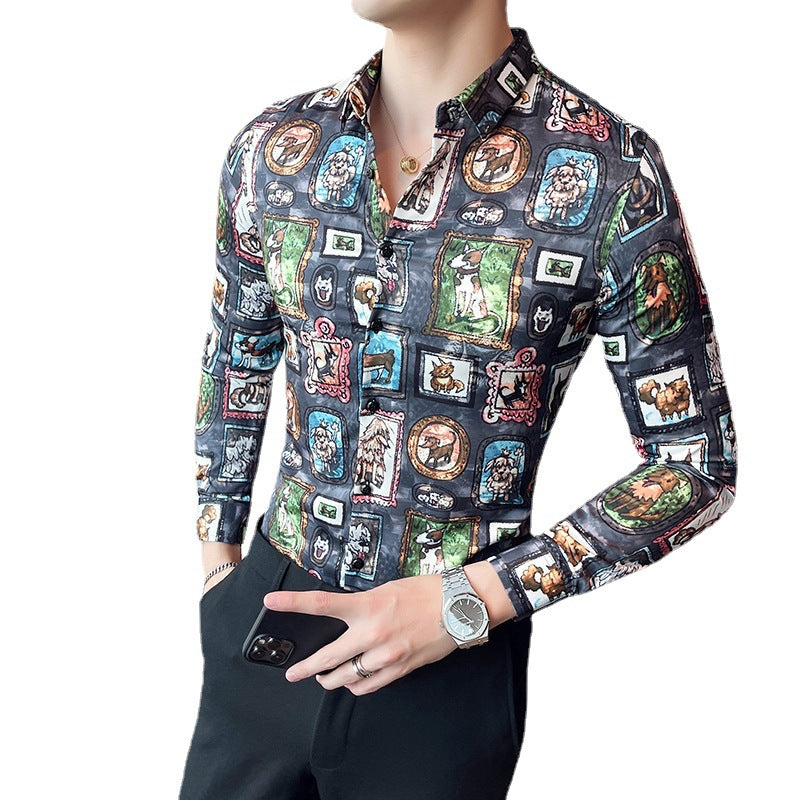 Camisa de solapa de manga larga con estampado de personalidad informal para hombre