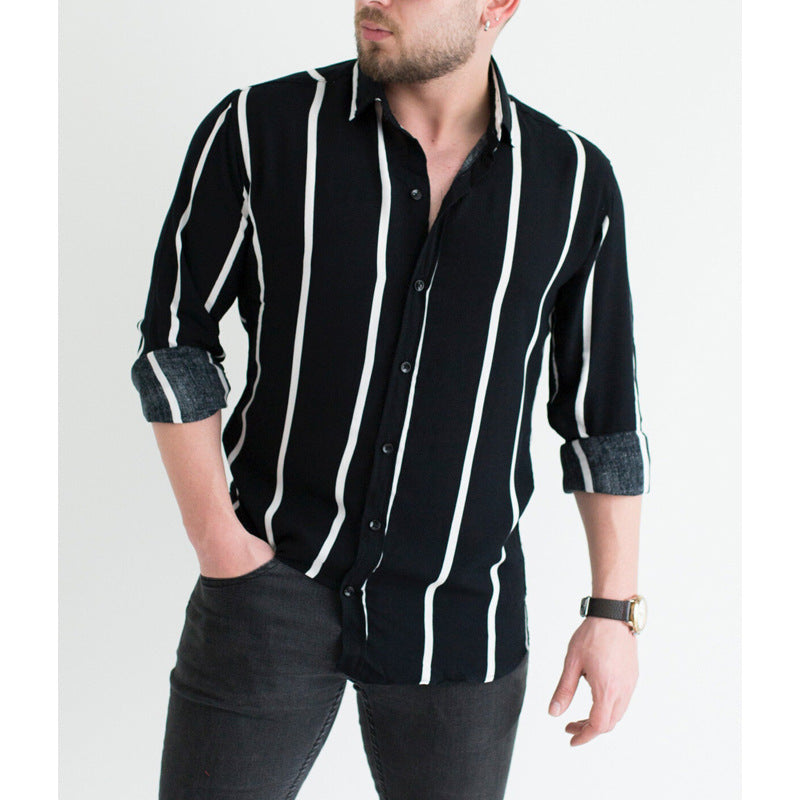 Camisa informal de negocios con solapa a rayas estampadas para hombre