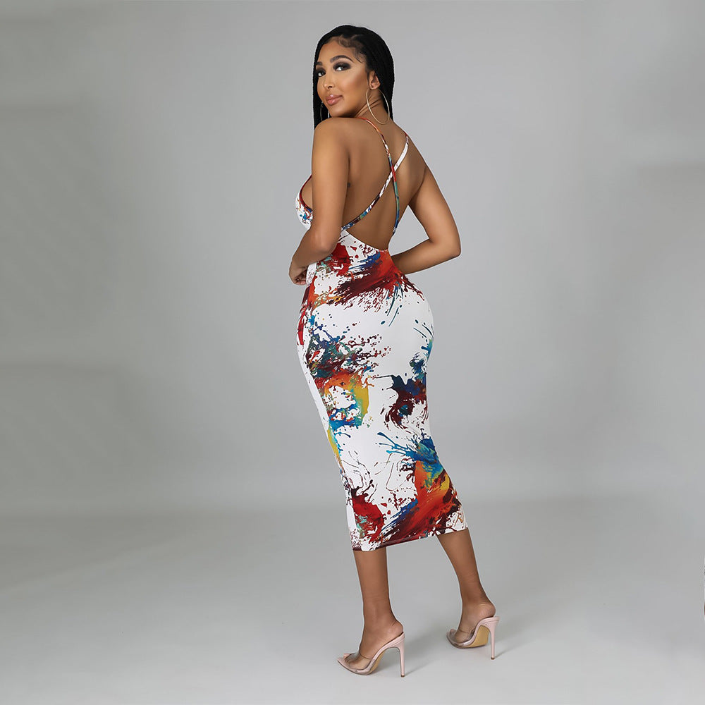 Robe Sexy Imprimée à Bretelles à la Mode