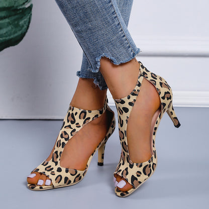 Zapatos con estampado de leopardo Punta abierta Sandalias de tacón medio Tacones de fiesta