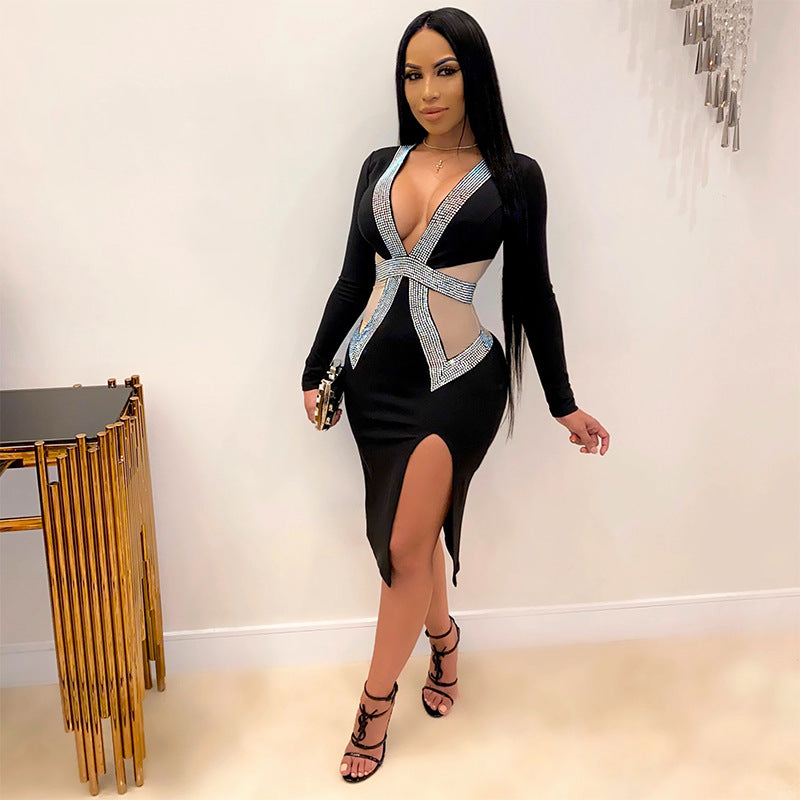 Robe de soirée fourreau maigre en strass avec col en V profond