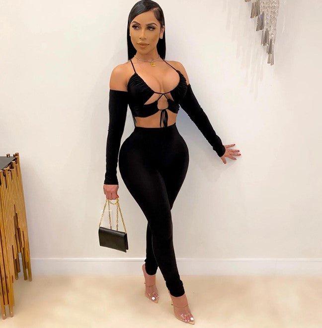 Lace-up Long-sleeve Tube Suspender Top Trousers Set