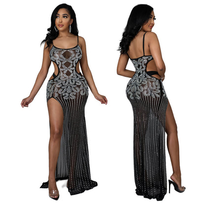 Vestido de tirantes transparente con abertura alta para discoteca de fiesta para mujer