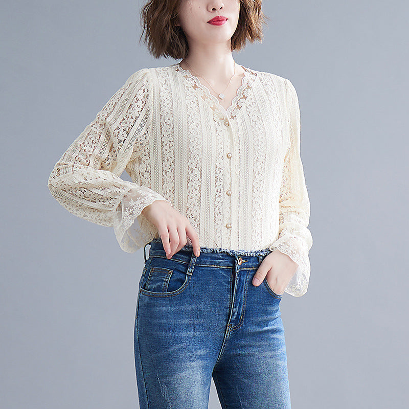 Camisa de encaje suelta y delgada con cuello en V para mujer
