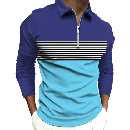 Striped Black Raglan Printed Simple Zipper Lapel Long Sleeve Polo Shirt