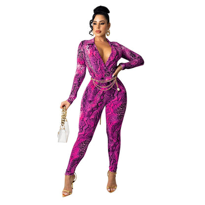 Snake Print Digital Print Long-Sleeved Skinny Jumpsuit