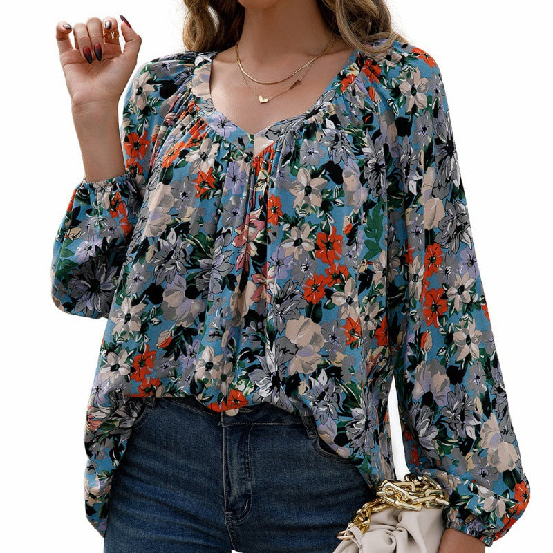 Chemise décontractée ample à col en V et à petites fleurs à manches longues