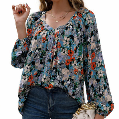 Loose Casual Small Floral Long Sleeve V-Neck Shirt