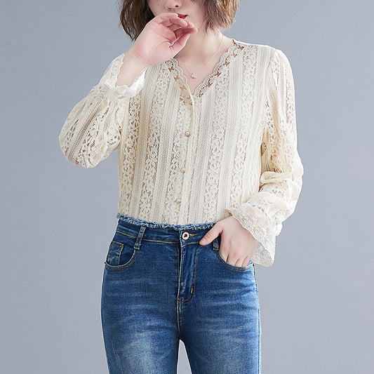 Women's V-neck Loose And Slim Lace Shirt