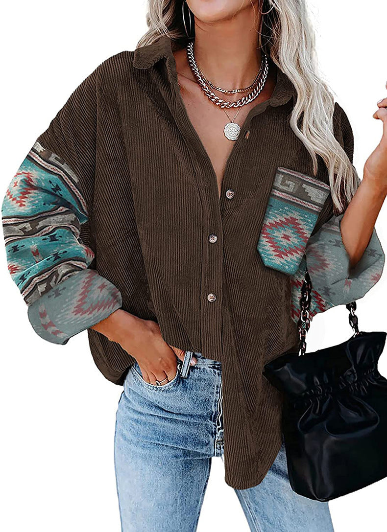 Fashion Women's Coat Lapel Loose Print Shirt