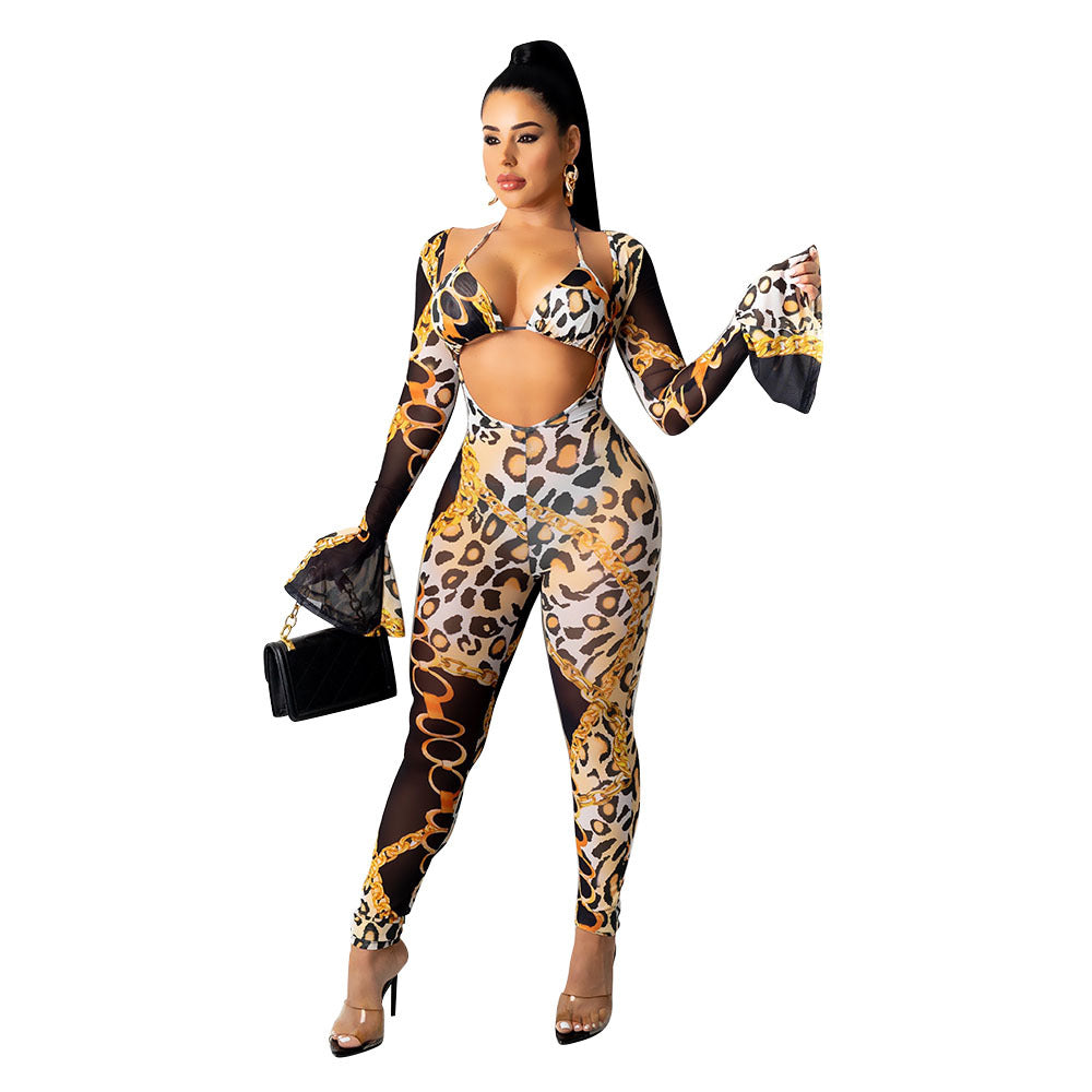 Women's  Nightclub Tight Mesh Perspective Digital Printing Casual Suit