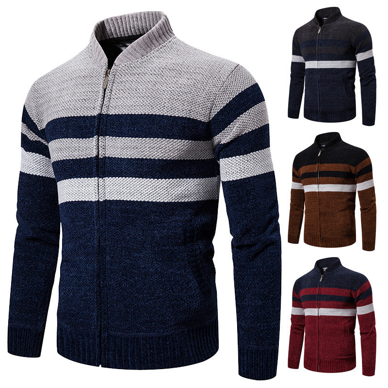 Casual Sweater Men Stand Collar Striped Color Matching Long Sleeves