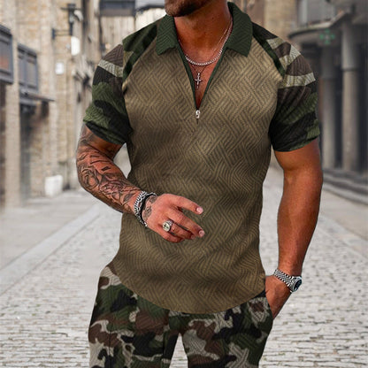 Conjunto de camisa de solapa con cremallera geométrica de manga corta con estampado 3D de moda de verano para hombre