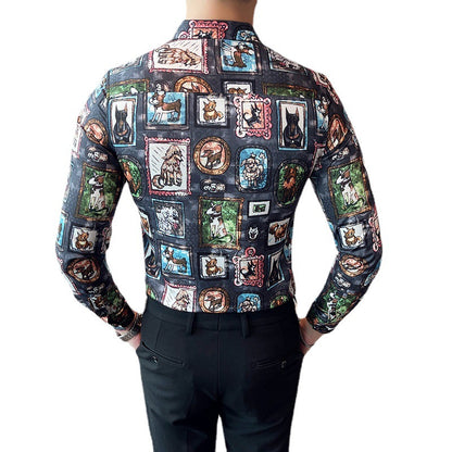 Camisa de solapa de manga larga con estampado de personalidad informal para hombre