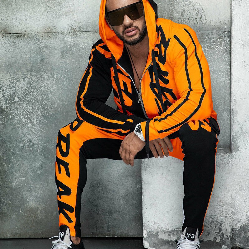 Men's Sports Suit Hooded Letters Color Matching Zipper Cardigan