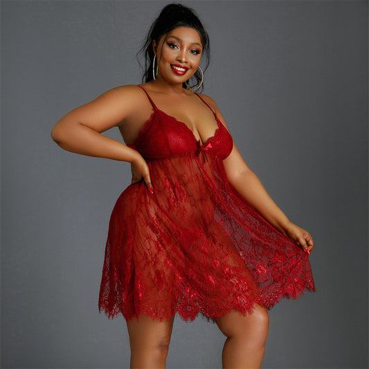 Pyjama grande taille pour femmes avec coutures en dentelle Chemise de nuit sexy