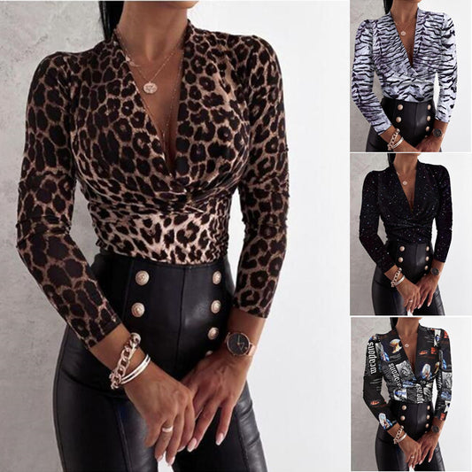 Long Sleeve V-neck Leopard Print Ladies Blouse